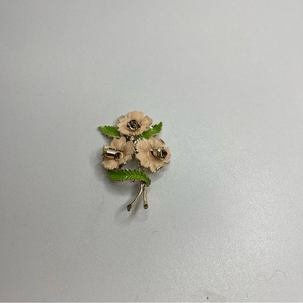 vintage gold pink and green  flower brooch pin